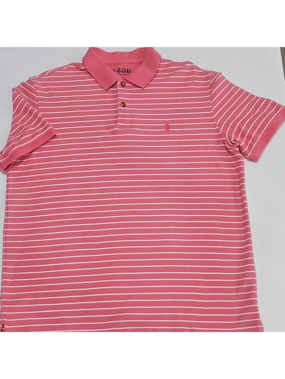 IZOD The Advantage Polo Men's L Pink/White Striped Knit Short Sleeve 0126